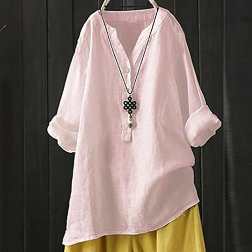 ผู้หญิงผ้าลินินผ้าฝ้ายเสื้อขนาดบวกปุ่มขึ้นเสื้อลำลองฤดูร้อน2023คอวีแขนยาว/ท็อปส์ซูหลวมพอดีเสื้