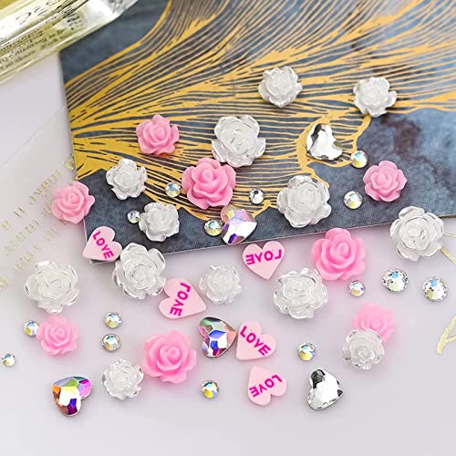Runrayay Pink 3d Flowers Charms Charms, Nail Diamonds สำหรับเล็บอะคริลิคกับหัวใจ Rhinestones, Nail Art Jewels
