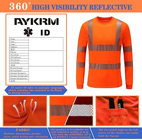 AYKRM ความปลอดภัยสูงทัศนวิสัยแขนยาวงานก่อสร้างเสื้อยืดระดับ 3 สวัสดีเสื้อ Vis